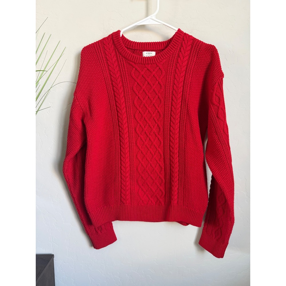 J.Crew Womens Red Cable Knit 100% Cotton Crewneck Sweater CN045 Size S NEW